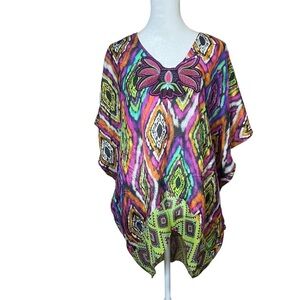 Paradizia Colorful Silky Swim Cover Up Kaftan Poncho Tie Dye Sequin Boho One Sz